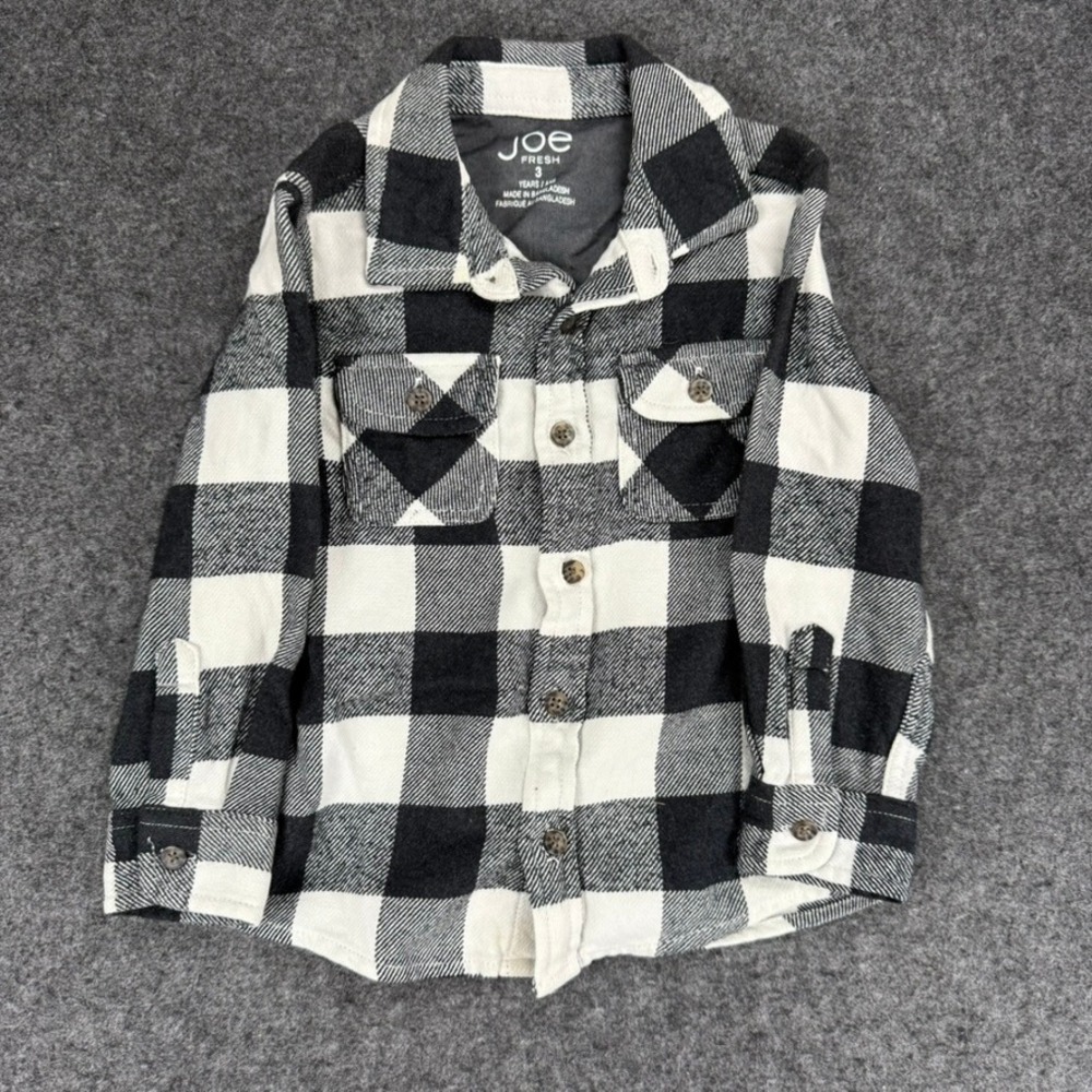 Joe Fresh Boys Flannel Shirt Plaid Black and White Button Down Size 3